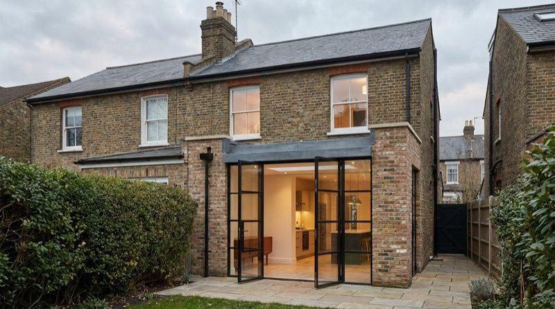 Completed contemporary rear extension on a London Victorian terrace in a conservation area — matching stock brick, black steel bifold doors, slate roof