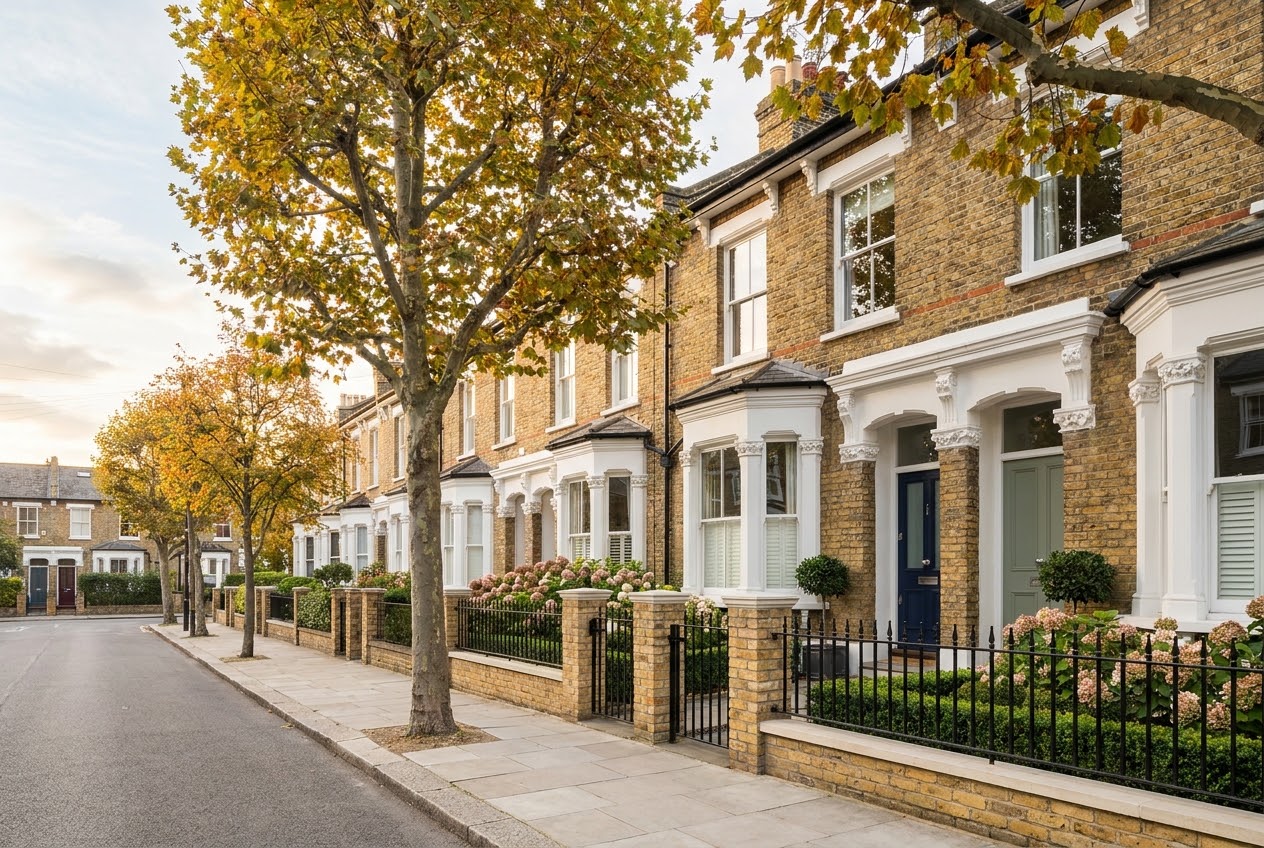 A quiet London street of Victorian terraced houses with bay windows and front gardens in autumn
