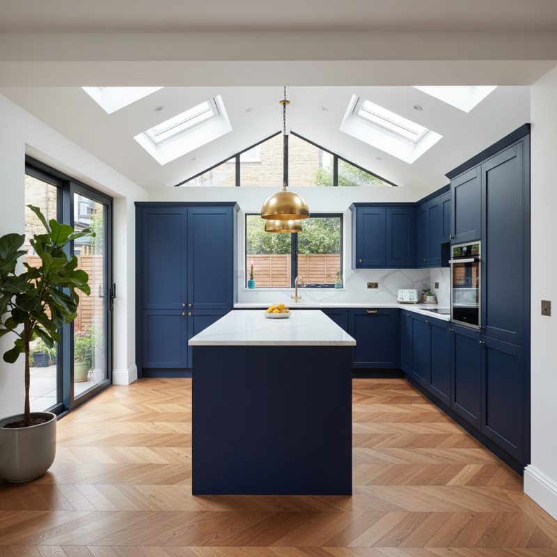 Completed London Victorian terrace renovation with navy blue handleless cabinets, quartz island, herringbone oak flooring, and rear extension skylights