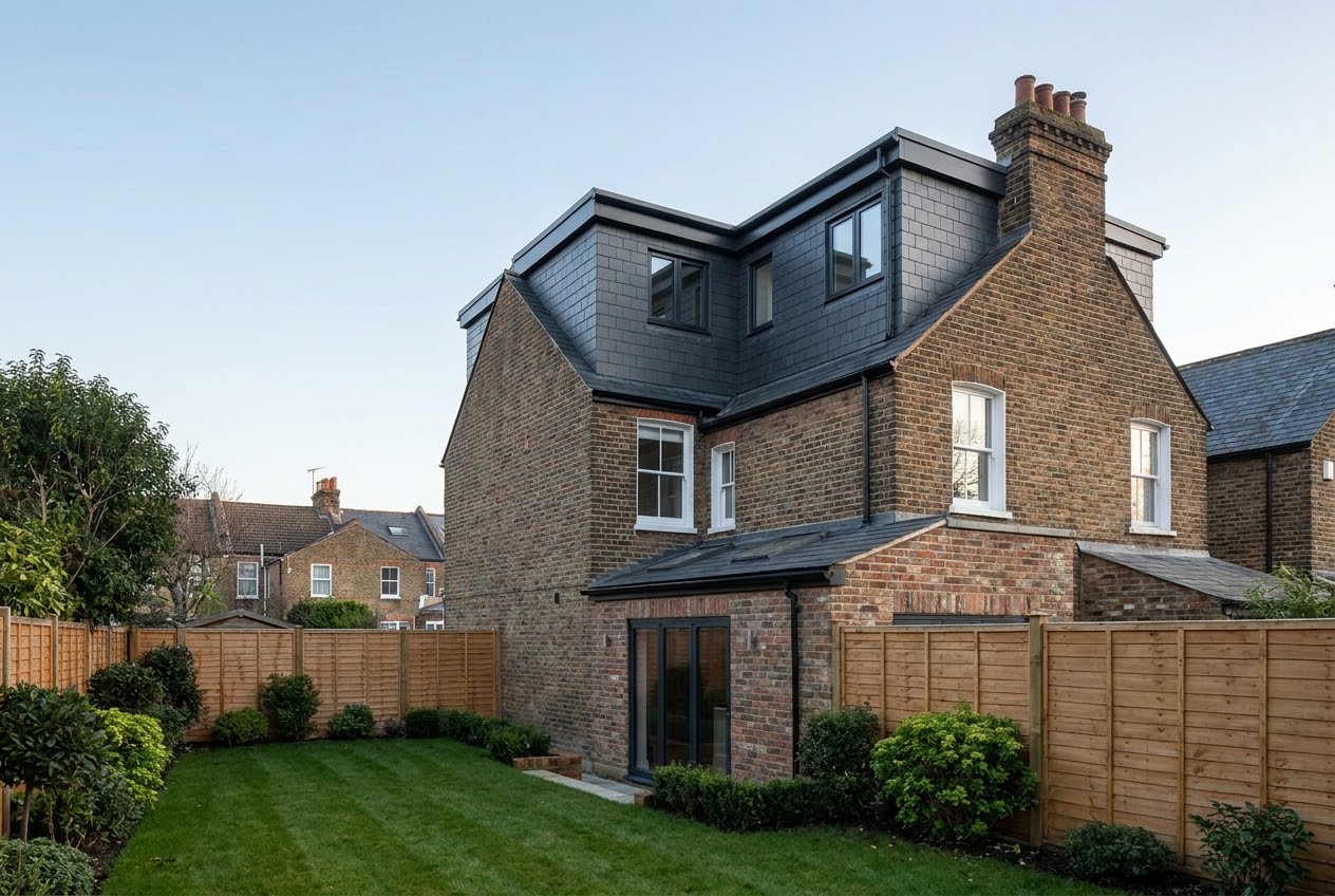 Rear of a red-brick London terrace with a finished L-shaped dormer loft conversion clad in dark tiles