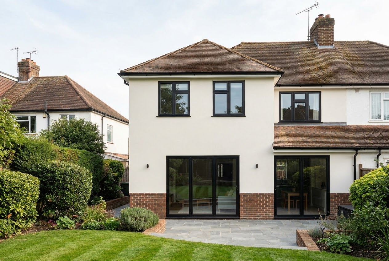 Finished double-storey rear extension in white render with black-framed glazing on a 1930s London semi-detached house