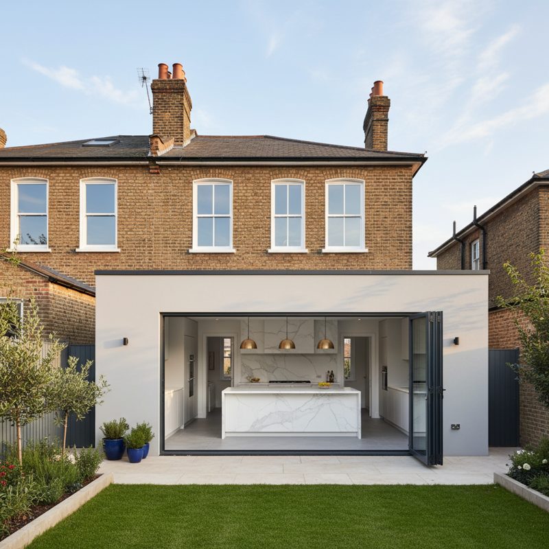 Rear exterior of a London Victorian terrace with a completed modern single-storey extension — light grey render, bifold doors open to a stone patio