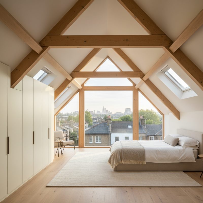 Dormer loft conversion bedroom overlooking London rooftops — Juliet balcony, exposed timber A-frame, built-in wardrobes, neutral palette