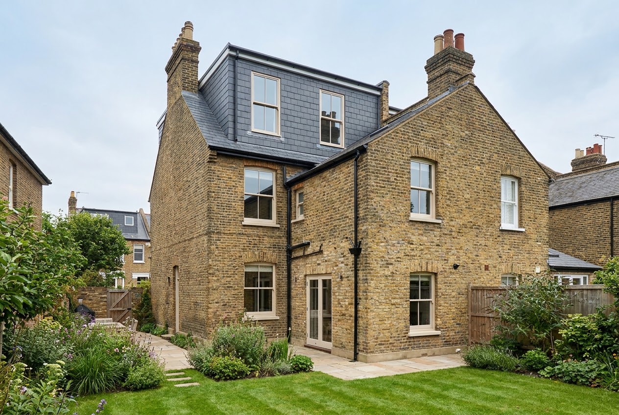Rear of a London stock-brick house with a finished slate-clad mansard loft conversion above a lawned garden