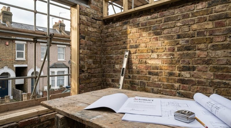 Exposed Victorian stock brick party wall between two London terraces during rear extension construction — Party Wall Act notice on workbench in foreground