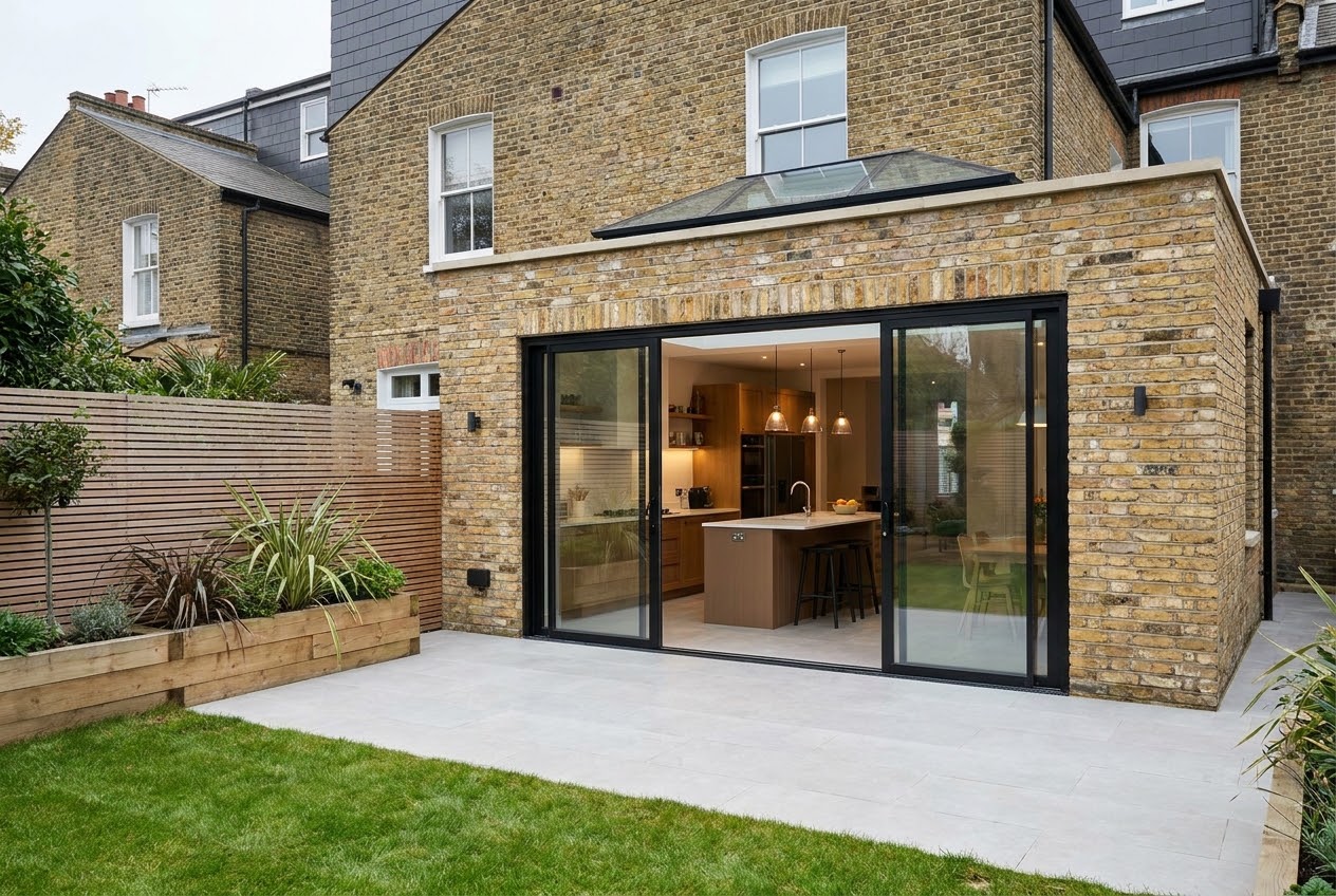 Finished single-storey rear extension in London stock brick with black sliding doors, a roof lantern and a kitchen inside