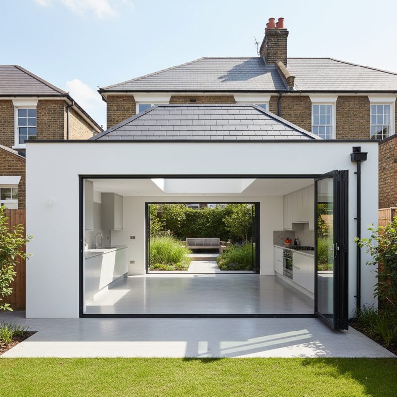 Victorian terrace rear extension with Crittall-style black steel bifold doors, polished concrete floor, slate grey roof tiles
