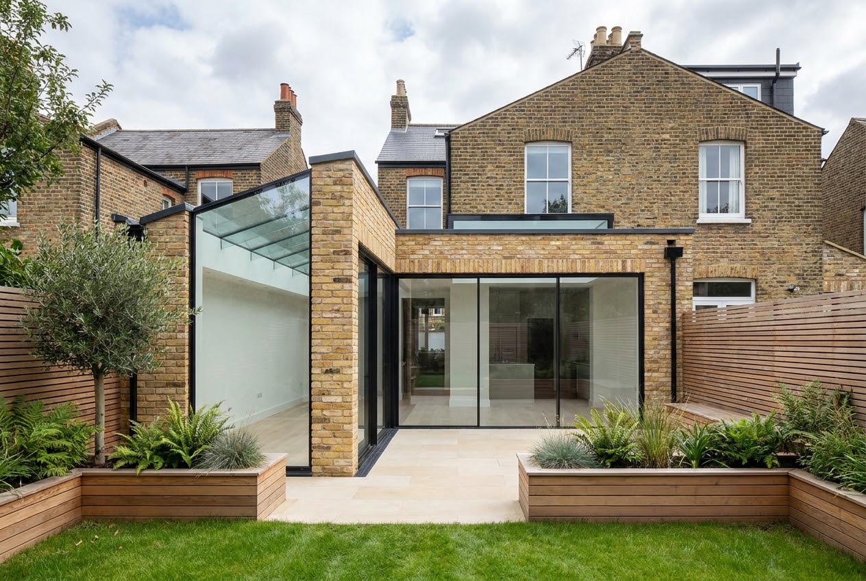 Finished wrap-around extension on a London Victorian terrace with a glazed roof over the side return and sliding doors across the rear