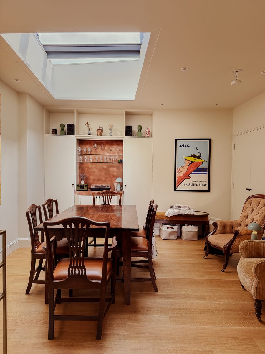 Limehouse Cottage: dining area and sitting room under the new roof light