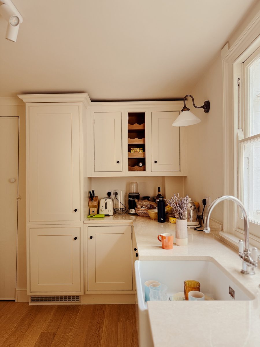 Limehouse Cottage: new shaker kitchen with a Belfast sink and sash window