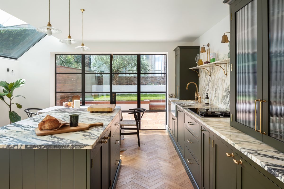 Lyal Road Bow East London — bespoke kitchen with marble worktops and herringbone floor