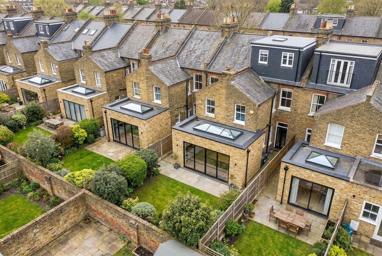 Aerial view of the backs of London terraced houses with single-storey rear extensions and dormer loft conversions