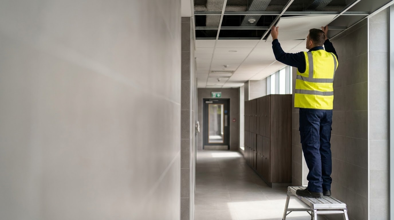 Maintenance engineer refitting a ceiling tile in a commercial building corridor