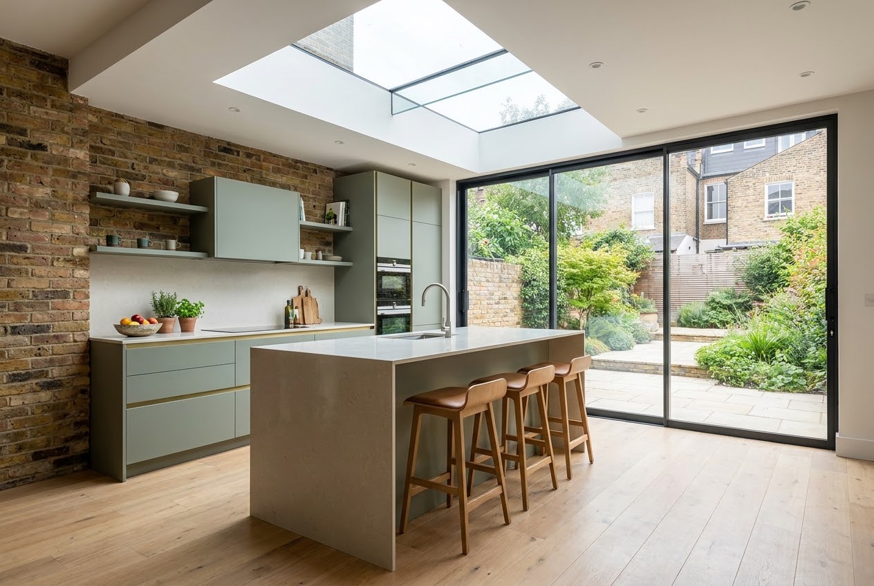 Finished kitchen extension with an island, a large rooflight and sliding doors onto a London garden