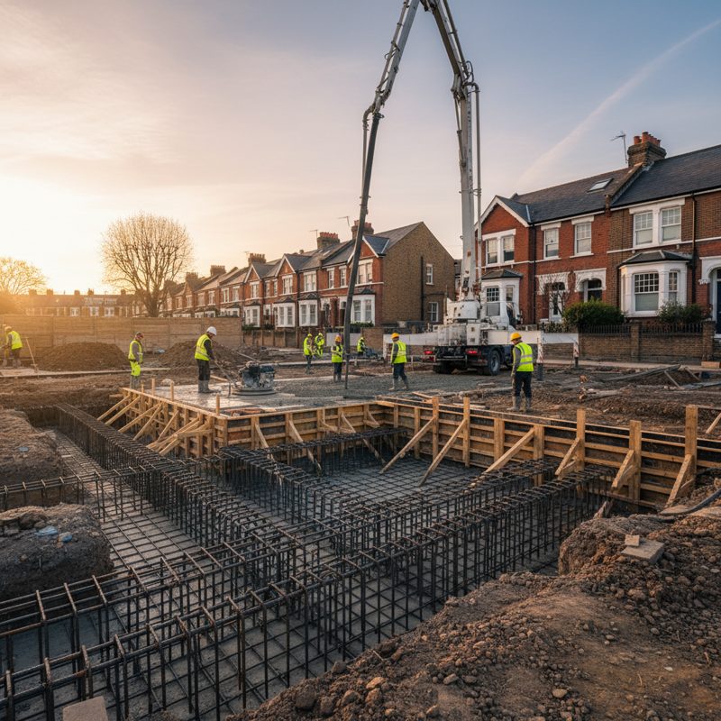Professional groundworks and foundation preparation on a London site