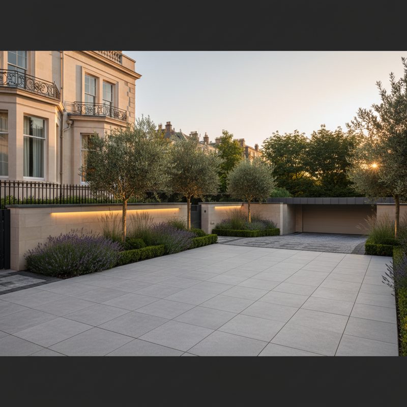Premium hard landscaping with porcelain patio and block paving in London